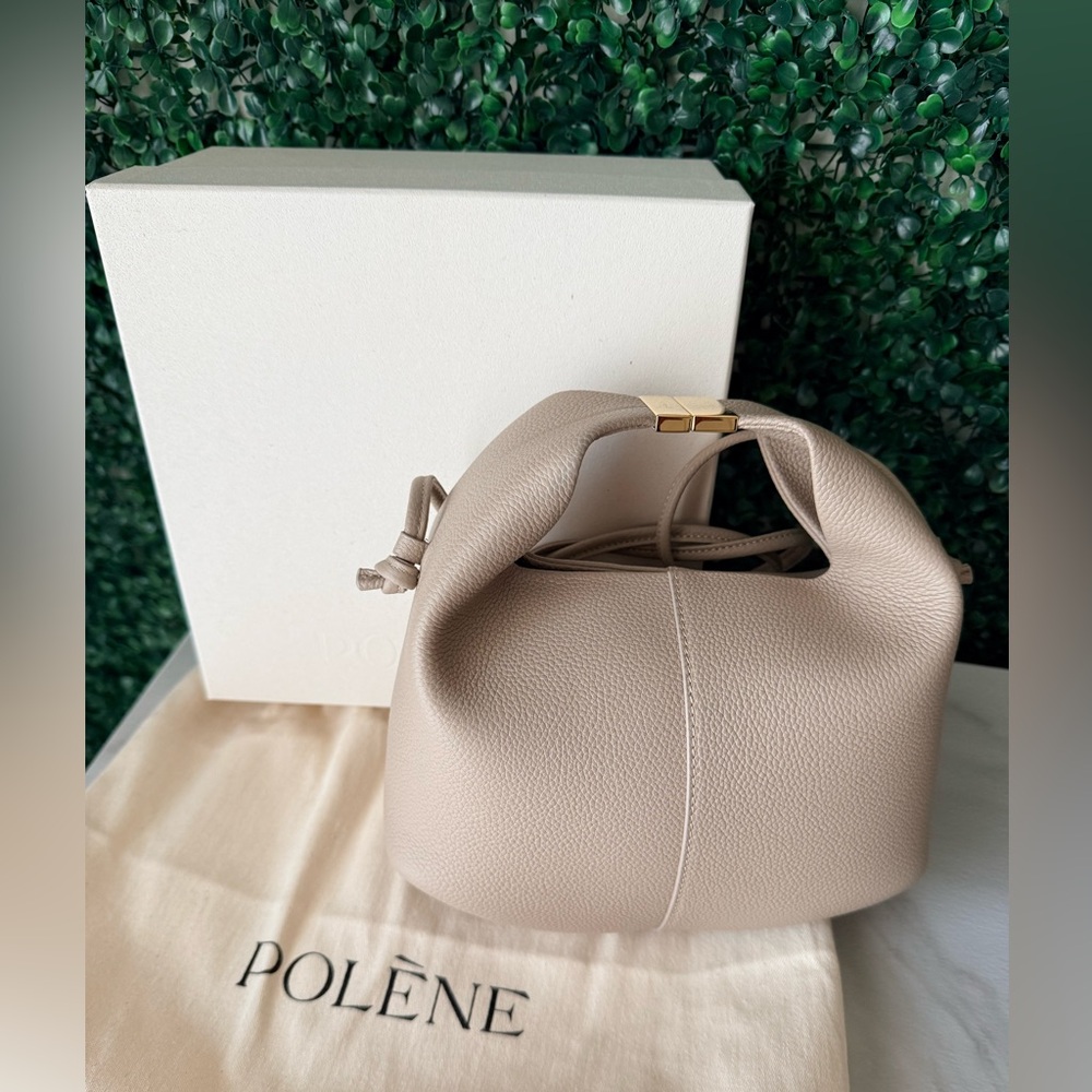 Polène Taupe Knot-Top Pebbled Leather Crossbody